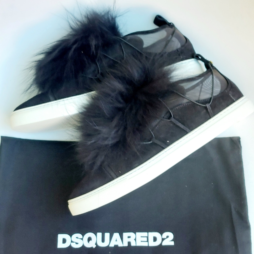 DSQUARED2 black suede fur-trimmed slip on sneakers, EU41, NWT